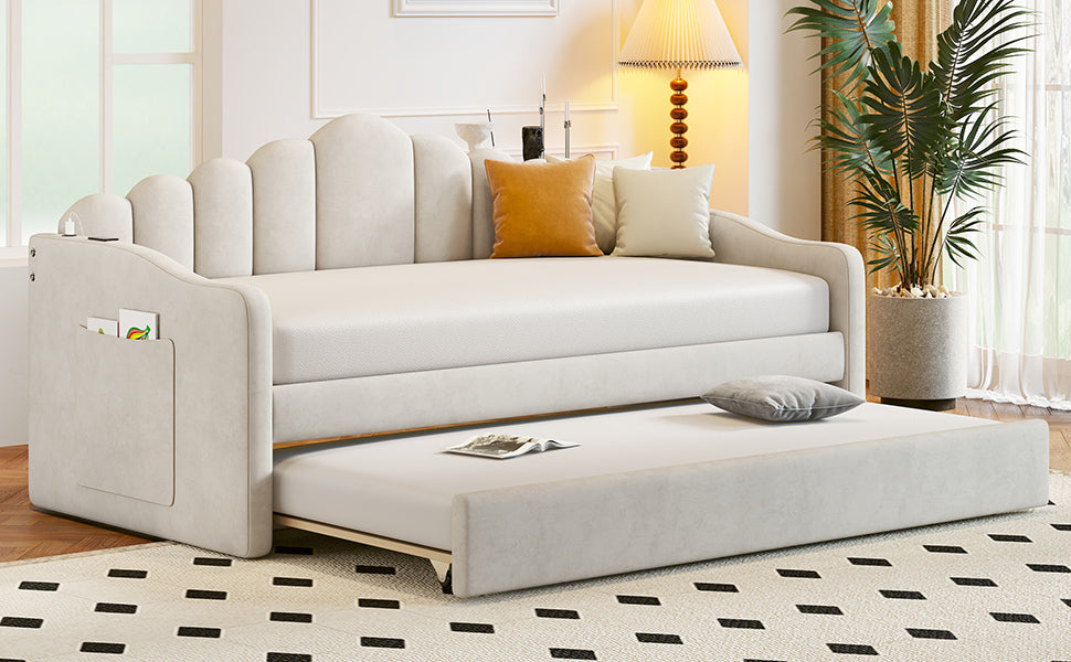 Twin size Upholstered Daybed with Trundle ,Velvet Sofabed with USB Charging Ports,No Box-spring Needed,Beige - Atlantic Fine Furniture Melbourne FL