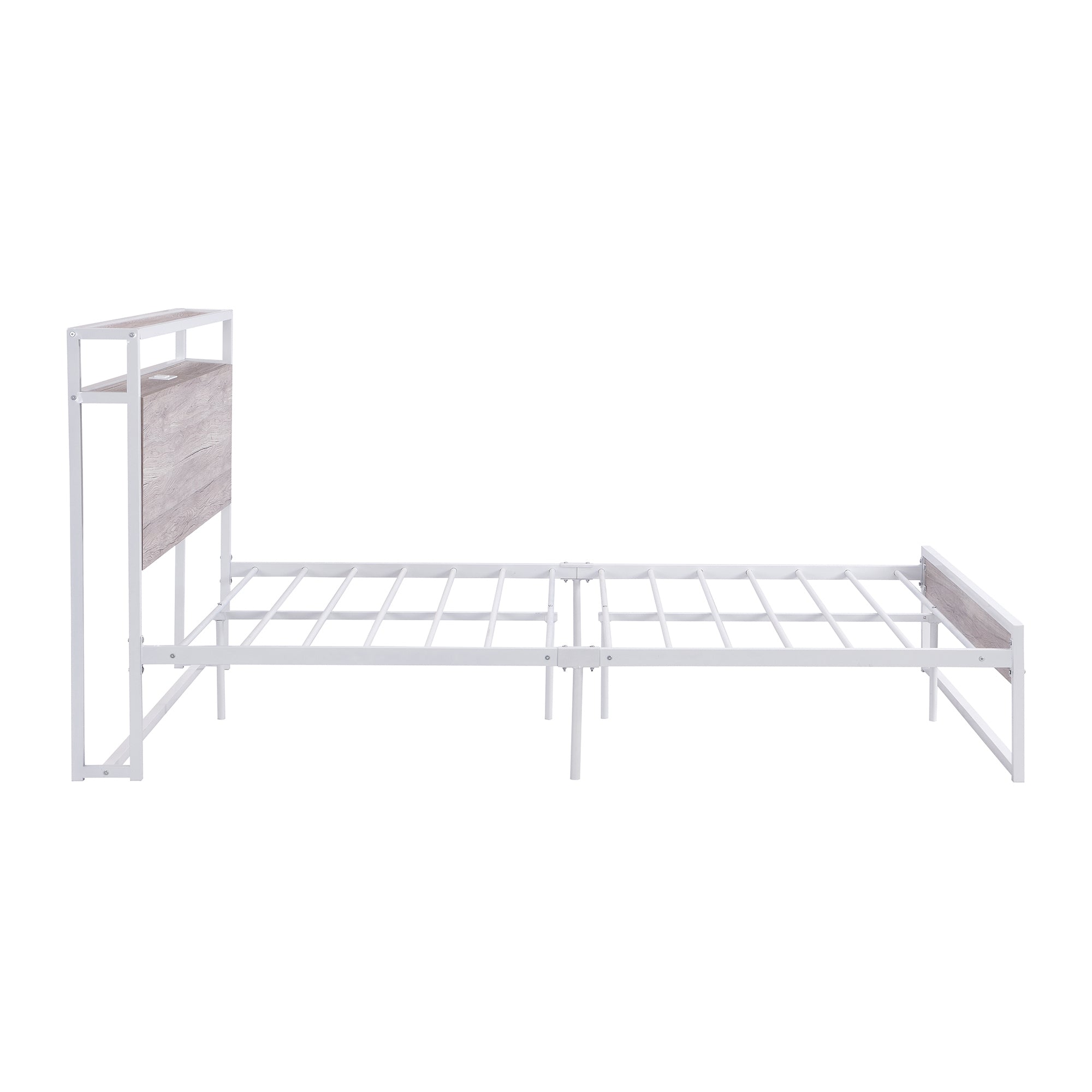 Full Size Metal Platform Bed Frame with Sockets, USB Ports and Slat Support ,No Box Spring Needed White