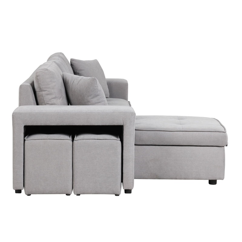 Pull Out Sleeper Sofa Reversible L-Shape 3 Seat Sectional Couch With Storage Chaise And 2 Stools For Living Room Furniture Set - Gray