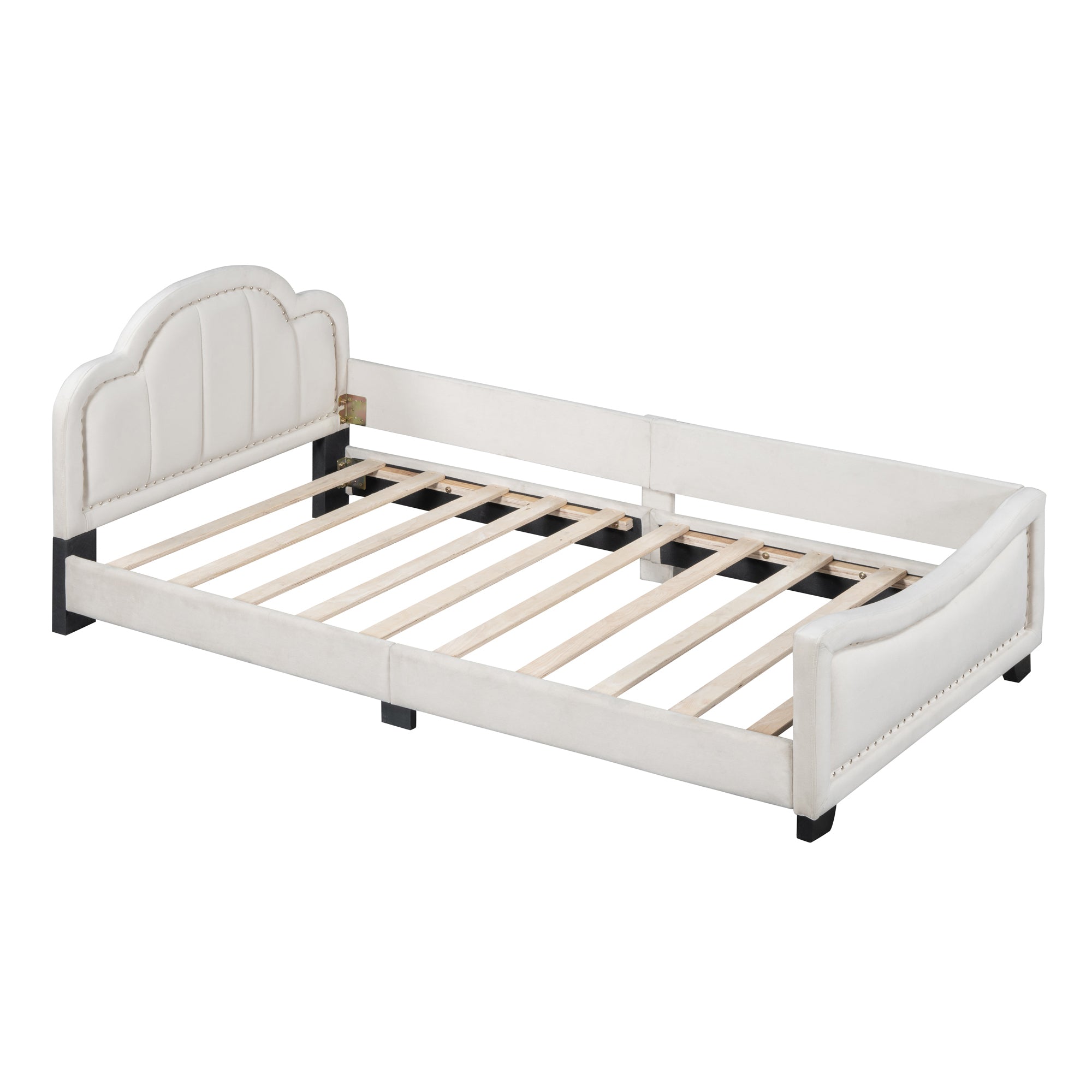 Twin Size Upholstered Daybed with Cloud Shaped Headboard, Embedded Elegant Copper Nail Design, Beige - Atlantic Fine Furniture Melbourne FL