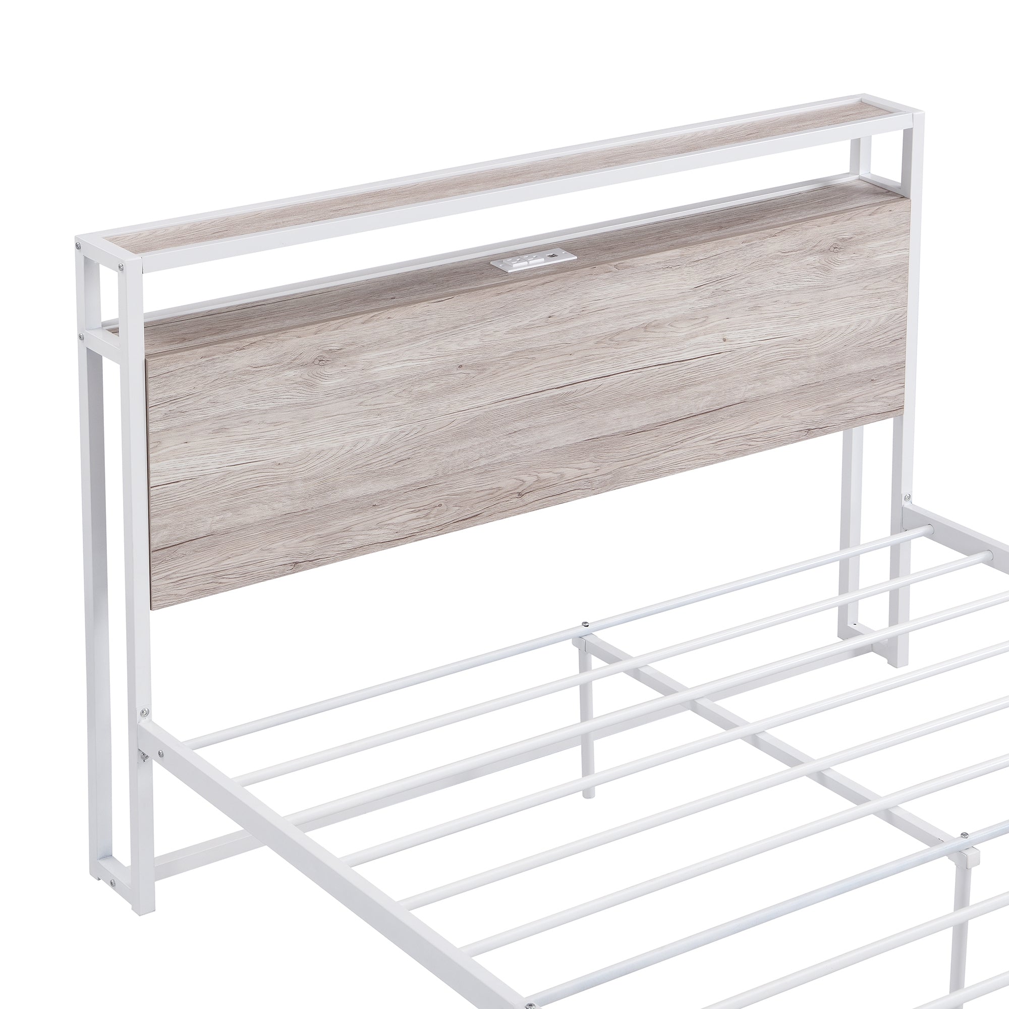 Full Size Metal Platform Bed Frame with Sockets, USB Ports and Slat Support ,No Box Spring Needed White