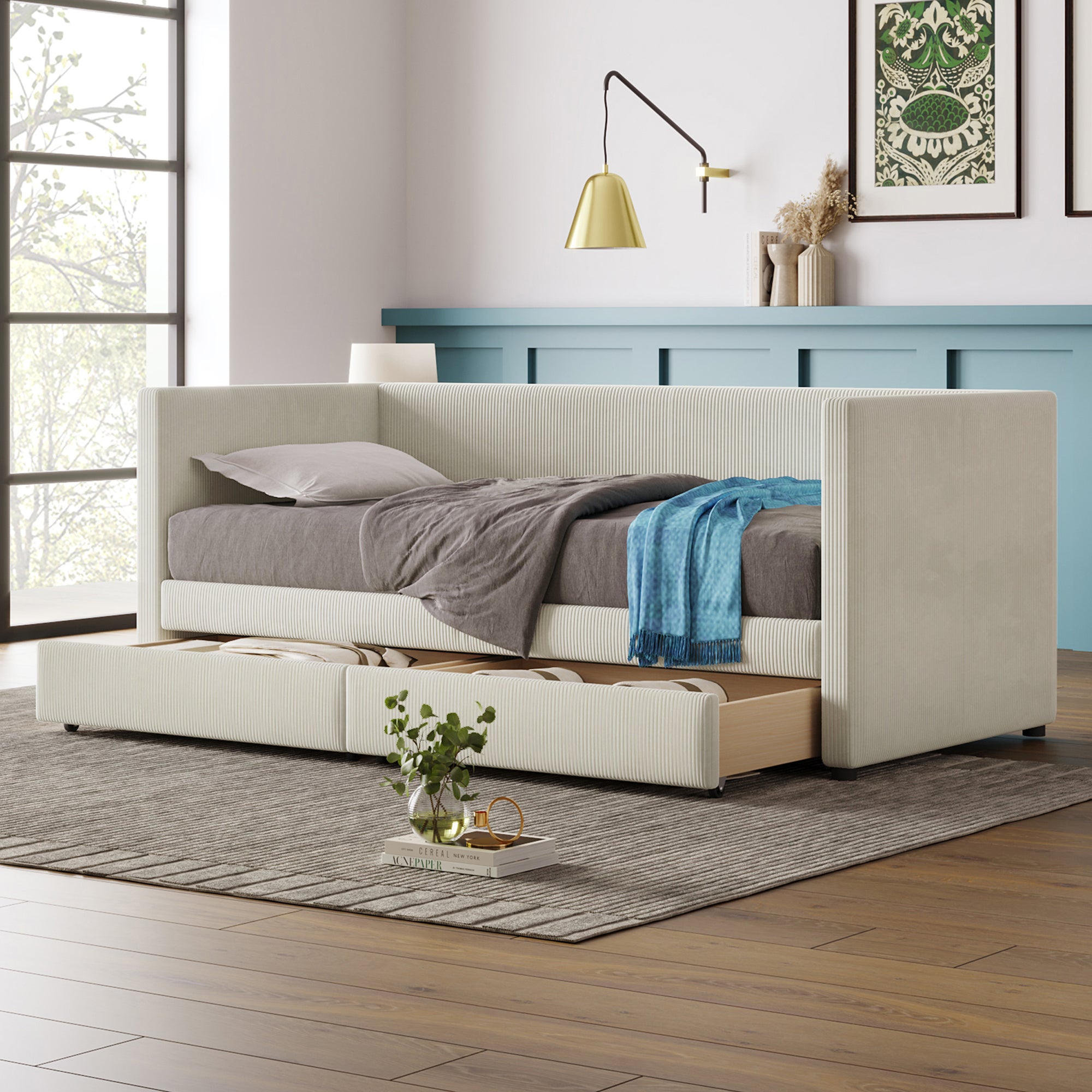 Twin Size Corduroy Daybed with Two Drawers and Wood Slat, Beige - Atlantic Fine Furniture Melbourne FL