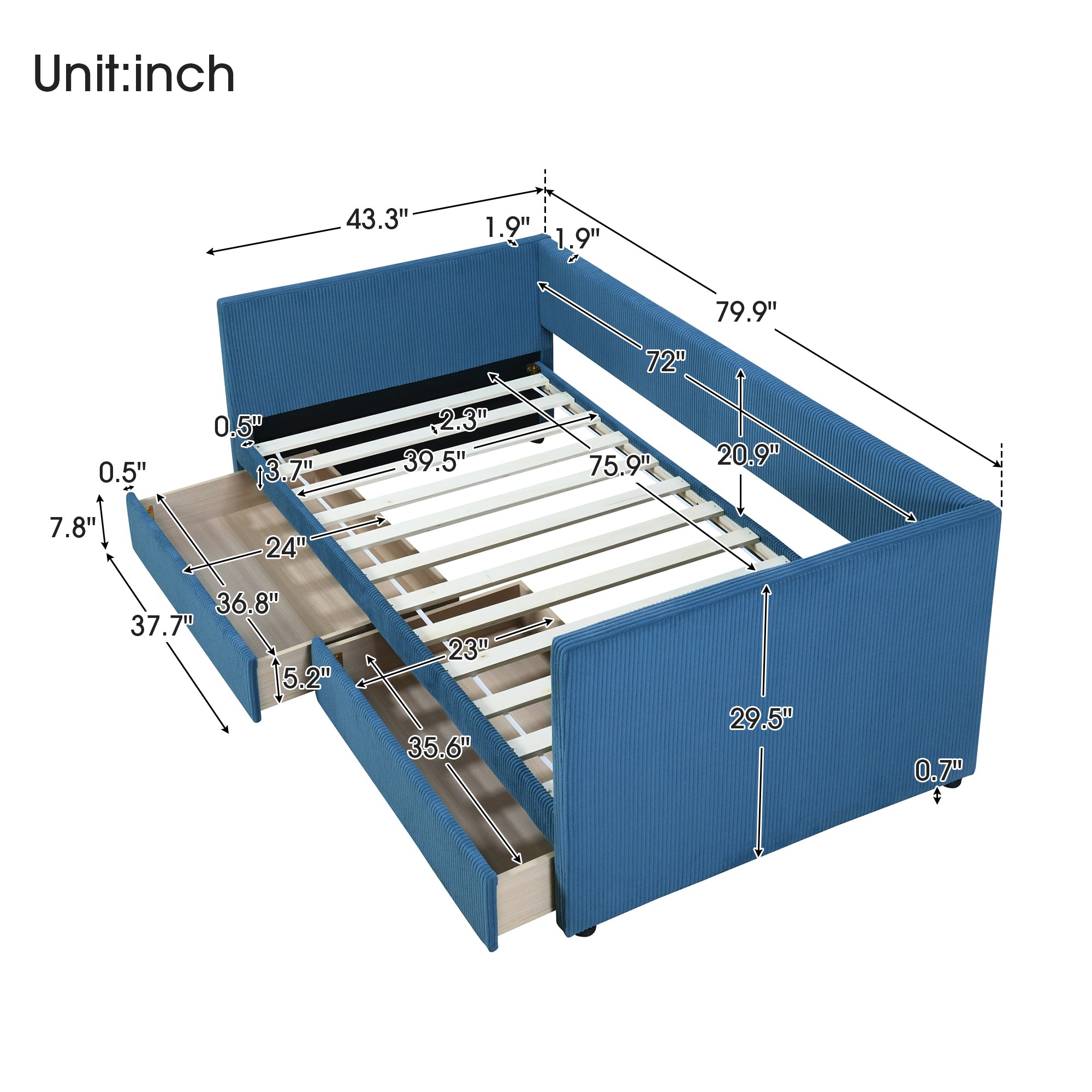 Twin Size Corduroy Daybed with Two Drawers and Wood Slat, Blue - Atlantic Fine Furniture Melbourne FL