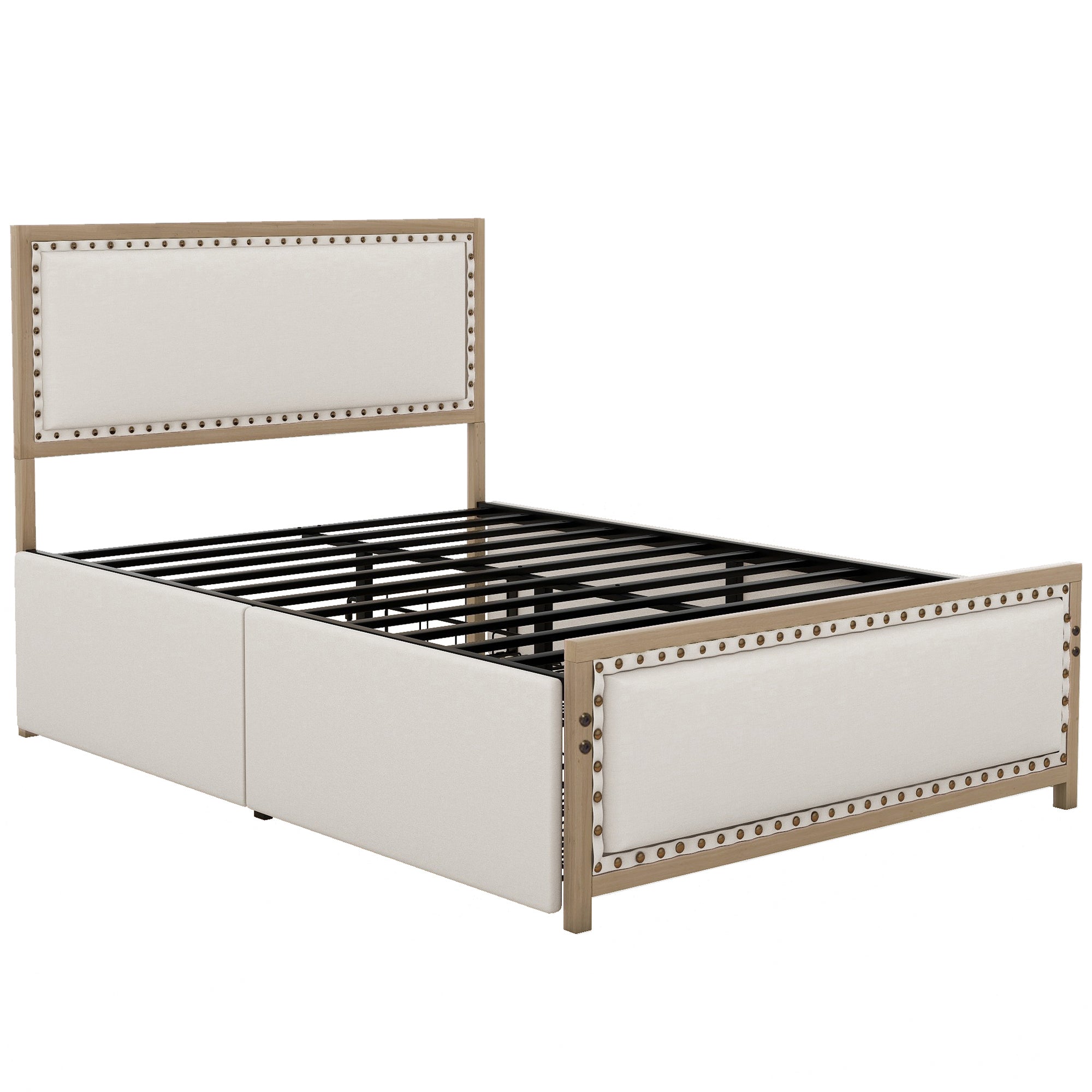 Full Size Upholstered Platform Bed with Nailhead Decoration and 4 Drawers, Brown - Atlantic Fine Furniture Melbourne FL