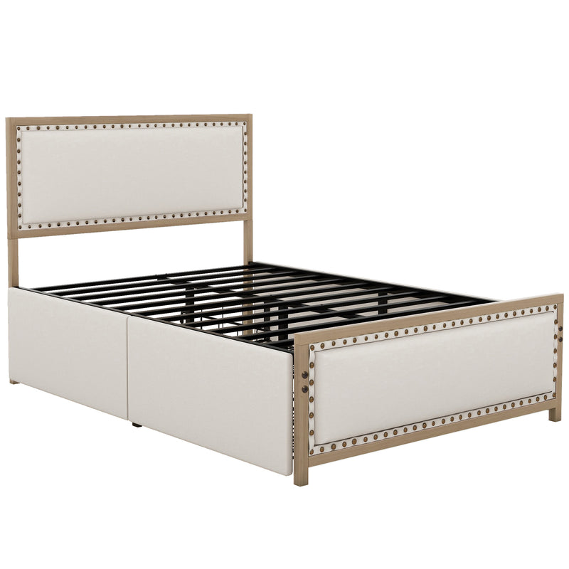 Full Size Upholstered Platform Bed with Nailhead Decoration and 4 Drawers, Brown