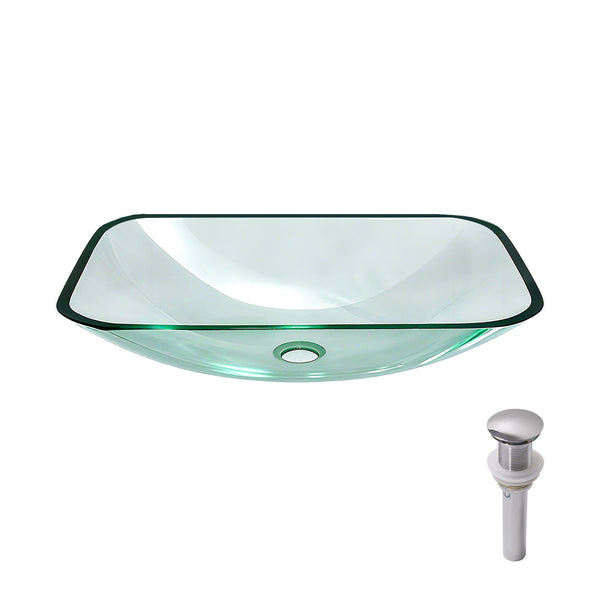 Clear Vessel Sink Rectangle Above Counter Bathroom Basin With Pop Up Drain, No Faucet - Clear
