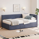 L-Shape Corner Bed, Corduroy Upholstered Daybed With 2 Storage Drawers And Vertical Striped Design