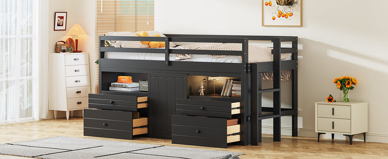 Twin Size Loft Bed with 4 Drawers, Underneath Cabinet and Shelves, Espresso