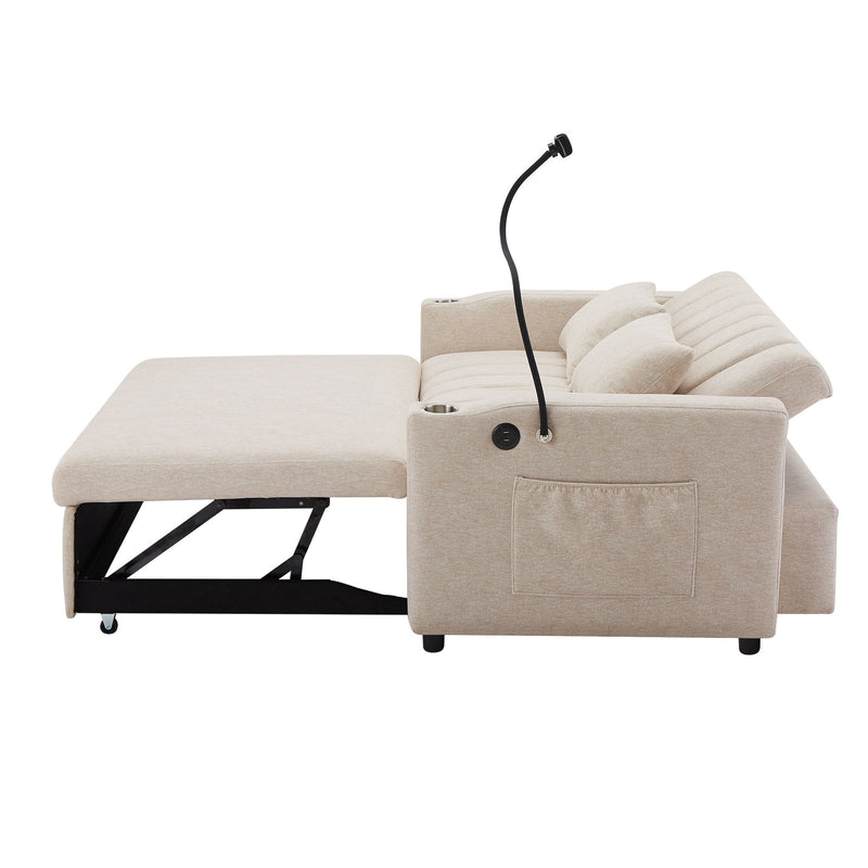 Convertible Sofa Bed Loveseat Sofa With Three USB Ports, Two Side Pockets, Two Cup Holders And 360° swivel Phone Holder For Living Room