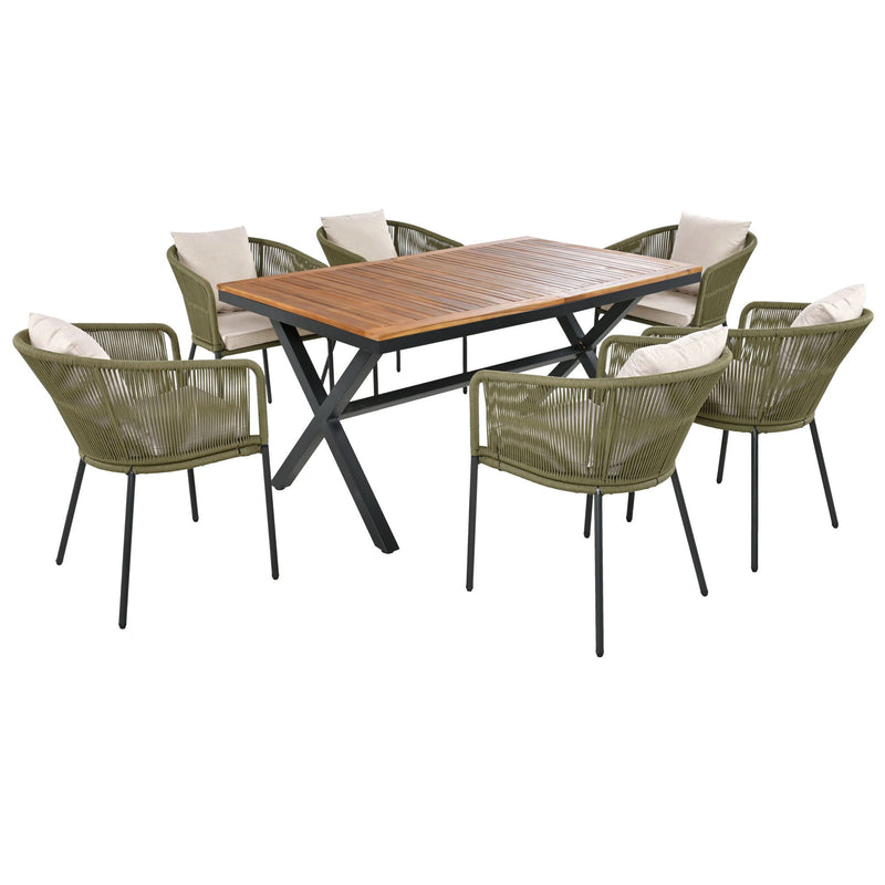 7 Pieces Patio Dining Set, All-Weather Outdoor Furniture Set With Dining Table And Chairs, Acacia Wood Tabletop, Metal Frame, For For Garden, Backyard, Balcony - Green