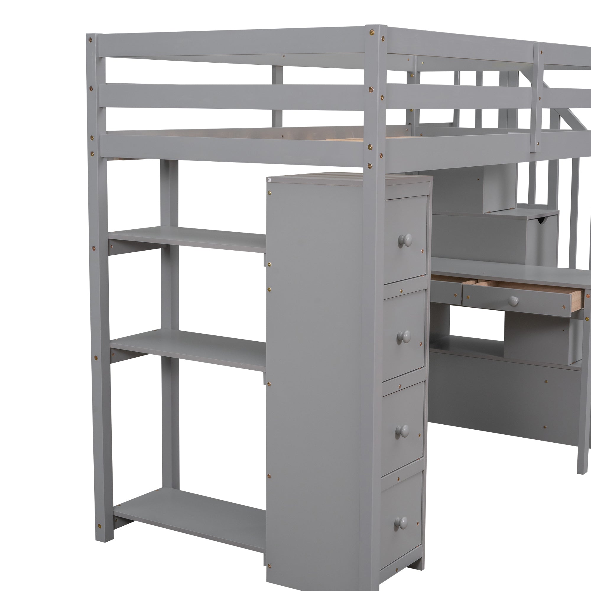 Twin size Loft Bed with Storage Drawers ,Desk and Stairs, Wooden Loft Bed with Shelves - Gray - Atlantic Fine Furniture Melbourne FL