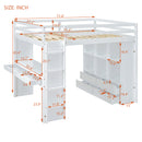 Full Size Loft Bed with large shelves, writing desk and LED Light, White