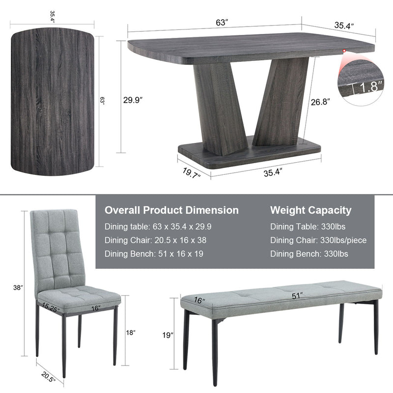 6 Piece Dining Table Set For 6, Table With V-Shaped Legs And 4 Upholstered Chairs & Bench, Modern Dining Room Set For Kitchen, Dining Room - Gray