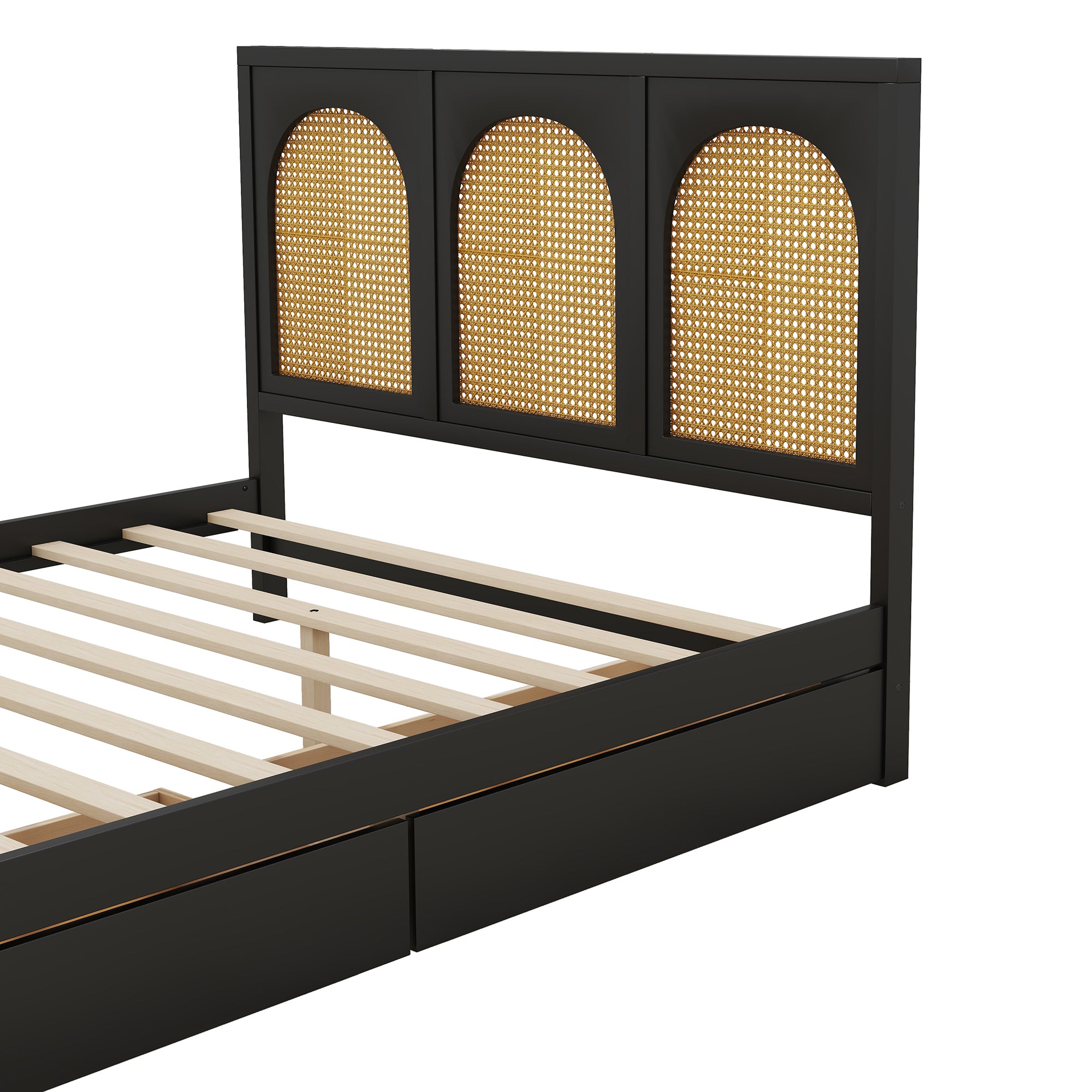 Full Size Wood Storage Platform Bed with 2 Drawers, Rattan Headboard and Footboard, Black - Atlantic Fine Furniture Melbourne FL
