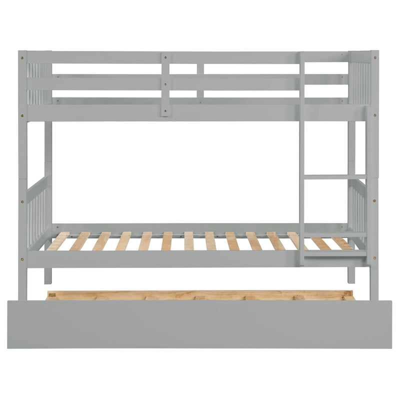 Twin Over Twin Bunk Beds With Trundle, Solid Wood Trundle Bed Frame With Safety Rail And Ladder, Kids / Teens Bedroom, Guest Room Furniture, Can Be Converted Into 2 Beds - Gray