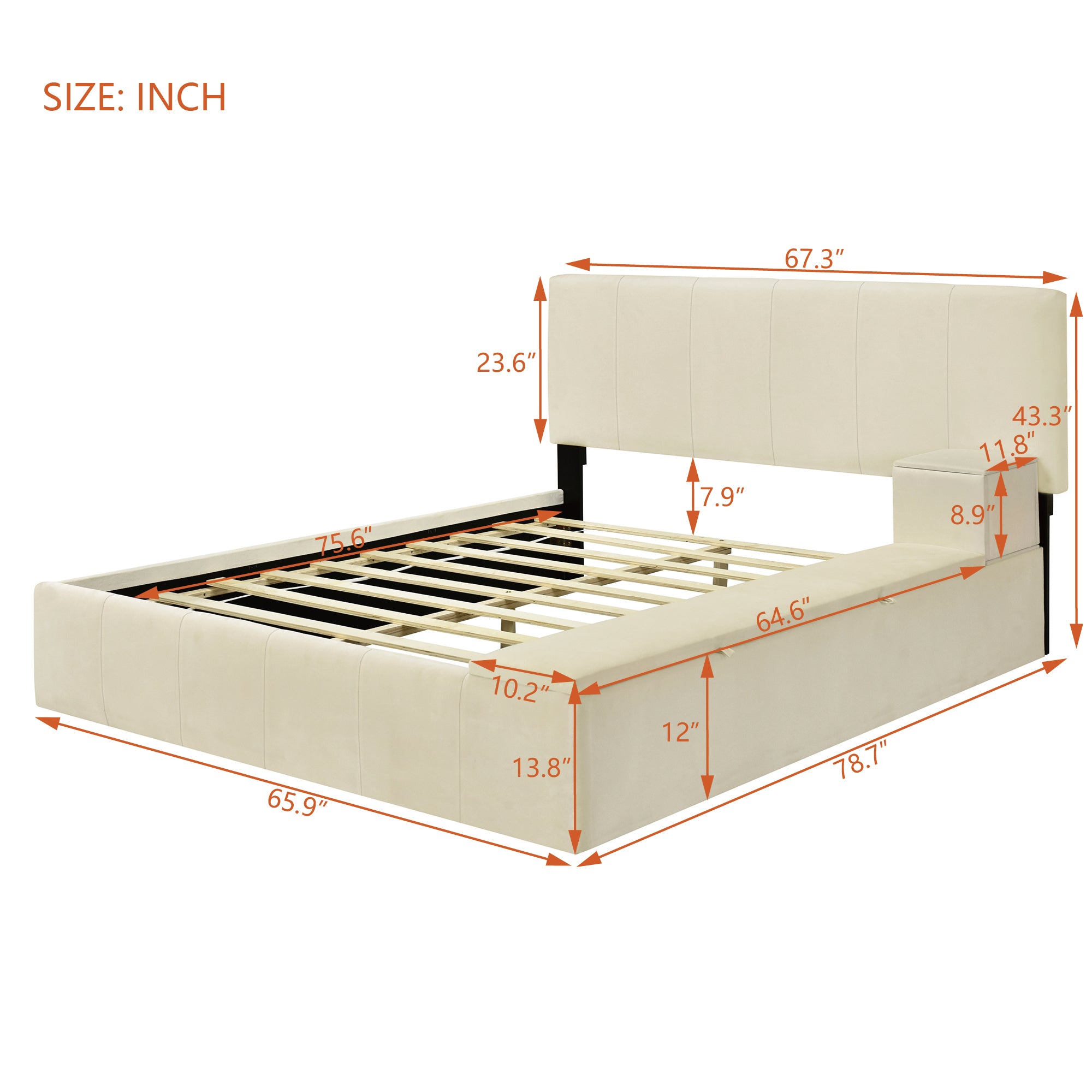 Full Size Upholstered Platform Bed with Lateral Storage Compartments and Thick Fabric, Velvet, Beige - Atlantic Fine Furniture Melbourne FL