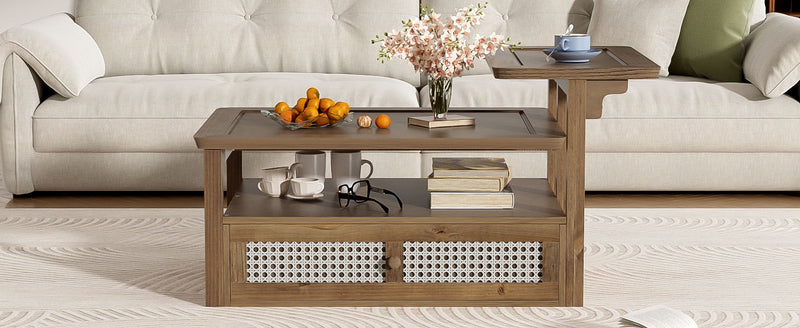 Coffee Table With 1 Storage Shelf, 2 Tabletops And 1 Rattan Drawer