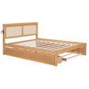Queen Size Elegant Bed Frame with Rattan Headboard and Sockets ,Walnut