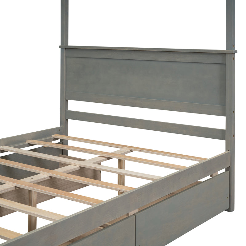 Wood Canopy Bed with four Drawers ,Full Size Canopy Platform Bed With Support Slats .No Box Spring Needed, Brushed Gray