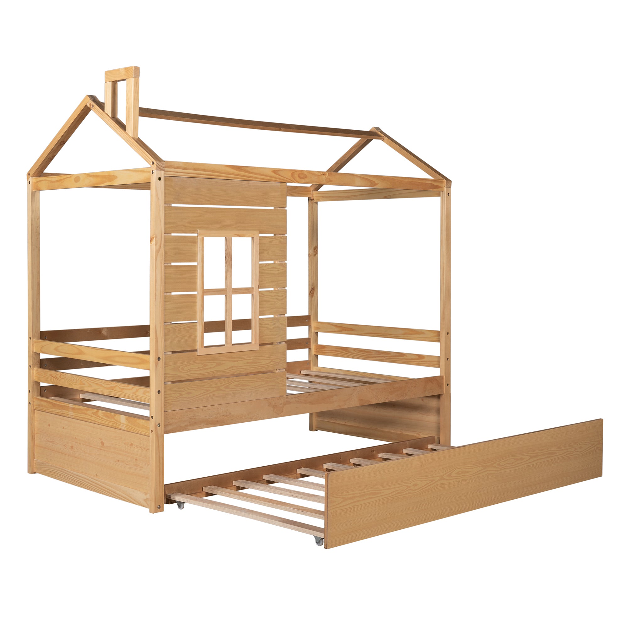 Twin Size House Bed Wood Bed with Twin Size Trundle ( Natural ) - Atlantic Fine Furniture Melbourne FL