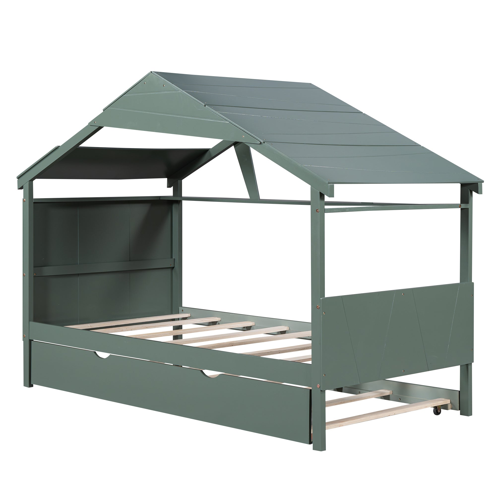 Wood Twin Size House Bed with Trundle and Storage, Green - Atlantic Fine Furniture Melbourne FL