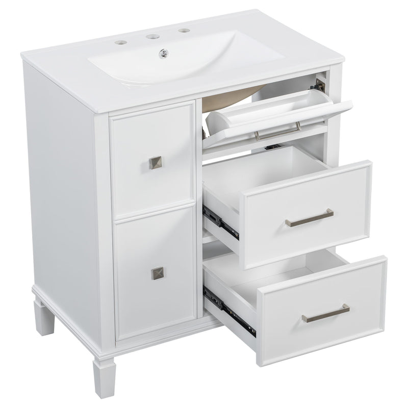 Bathroom Vanity With Ceramic Sink, Flip Out Drawer Design For Plumbing, Soft Close Drawers