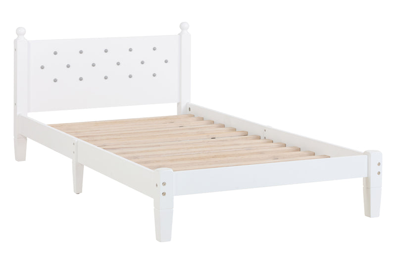 Twin Bed With Button-Decoration Headboard, With Bed Slats - White