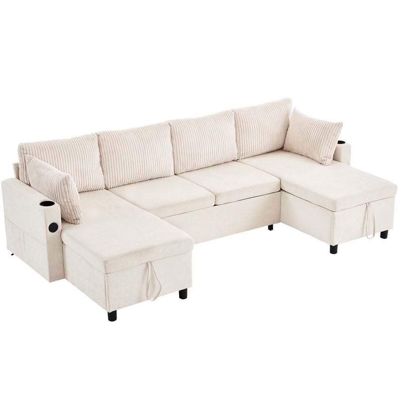 Sectional Sofa Bed With Pull Out Sleeper, USB Ports, Cup Holders