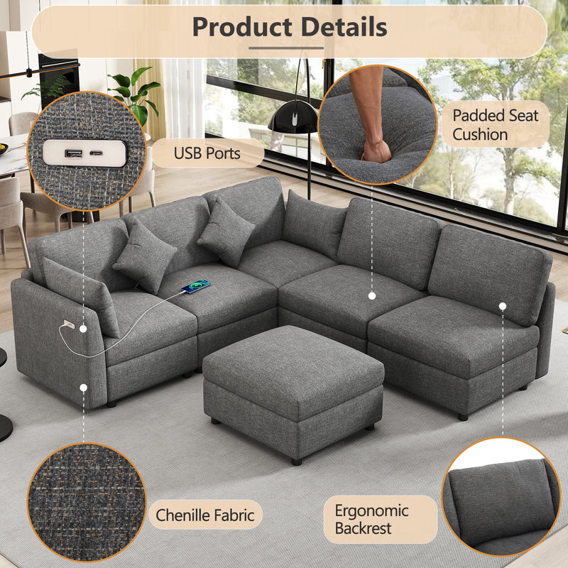 Sectional Sofa Modular Sofa U - Shaped Sofa Couch Sofa Bed L - Shaped Sofa With A Movable Ottoman And Two USB Ports For Living Room