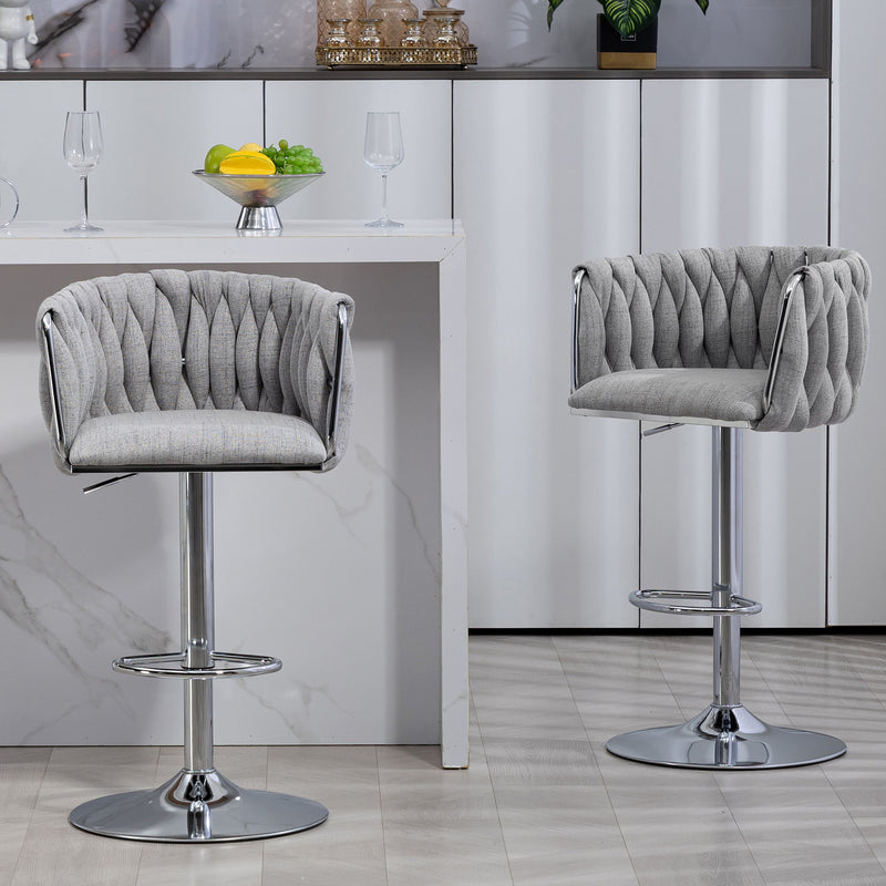 360 Degree Swivel Bar Stools Adjustable Counter Height Bar Chairs With Woven Back & Footrest, Silver Chromed Bar Stools For Kitchen Island (Set of 2) - Gray