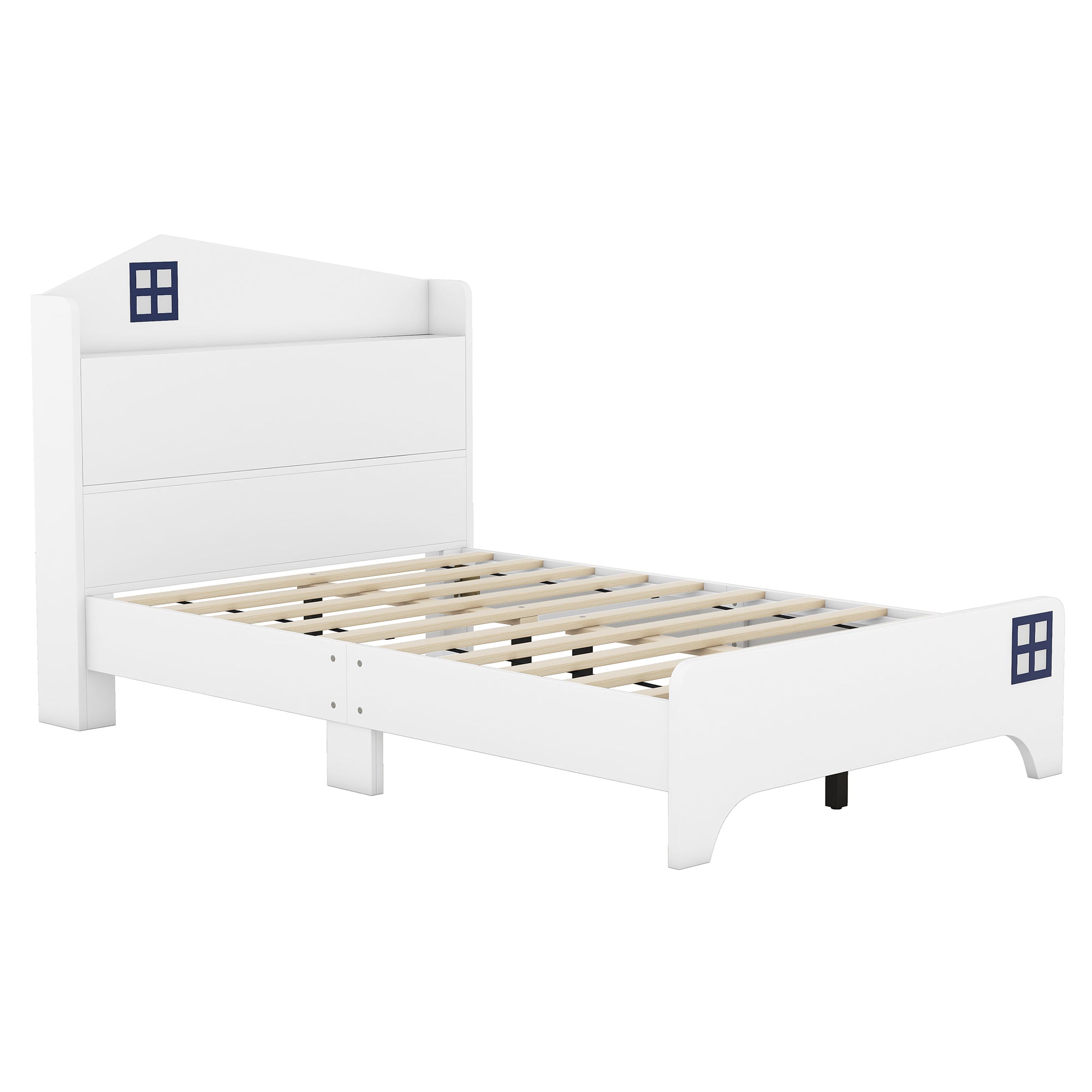 Wooden Twin Size House Bed with Storage Headboard ,Kids Bed with Storage Shelf, White - Atlantic Fine Furniture Melbourne FL