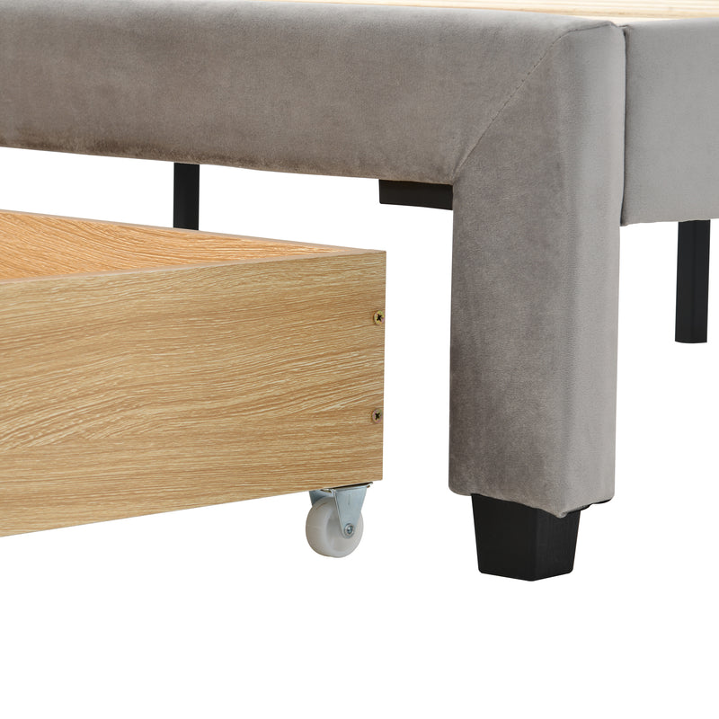 Queen Size Storage Bed Velvet Upholstered Platform Bed with a Big Drawer - Gray
