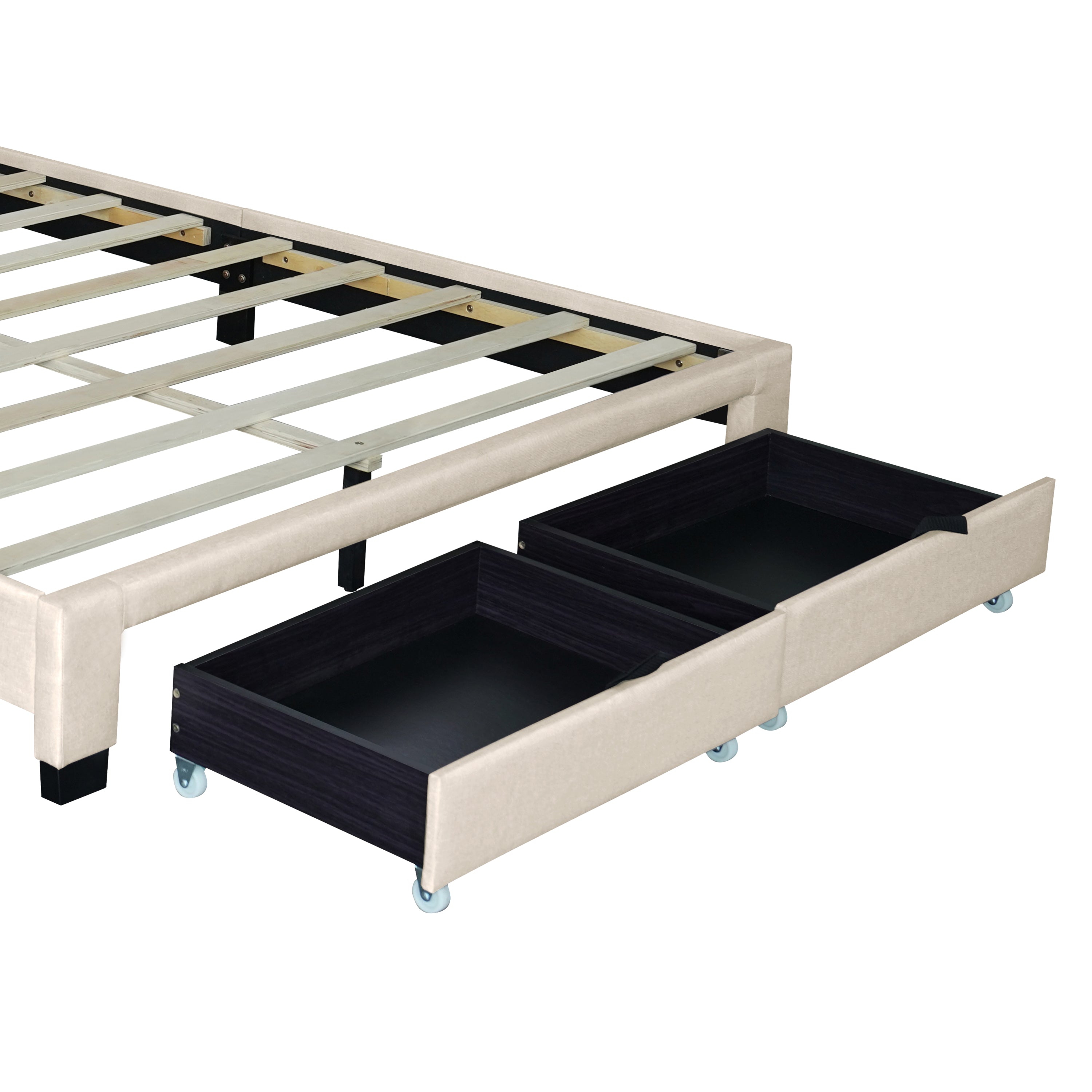 QUEEN SIZE UPHOLSTERED BED WITH ADJUSTABLE HEIGHT / MATTRESS 10 TO 14 INCHES / LED DESIGN WITH FOOTBOARD DRAWERS STORAGE / NO BOX SPRING REQUIRED BEIGE - Atlantic Fine Furniture Melbourne FL