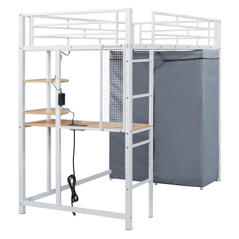 Loft Bed With Desk, Shelves, Power Outlet, LED Light And Wardrobe