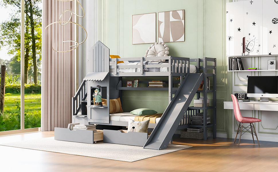 Twin-Over-Twin Castle Style Bunk Bed with 2 Drawers 3 Shelves and Slide - Gray - Atlantic Fine Furniture Melbourne FL