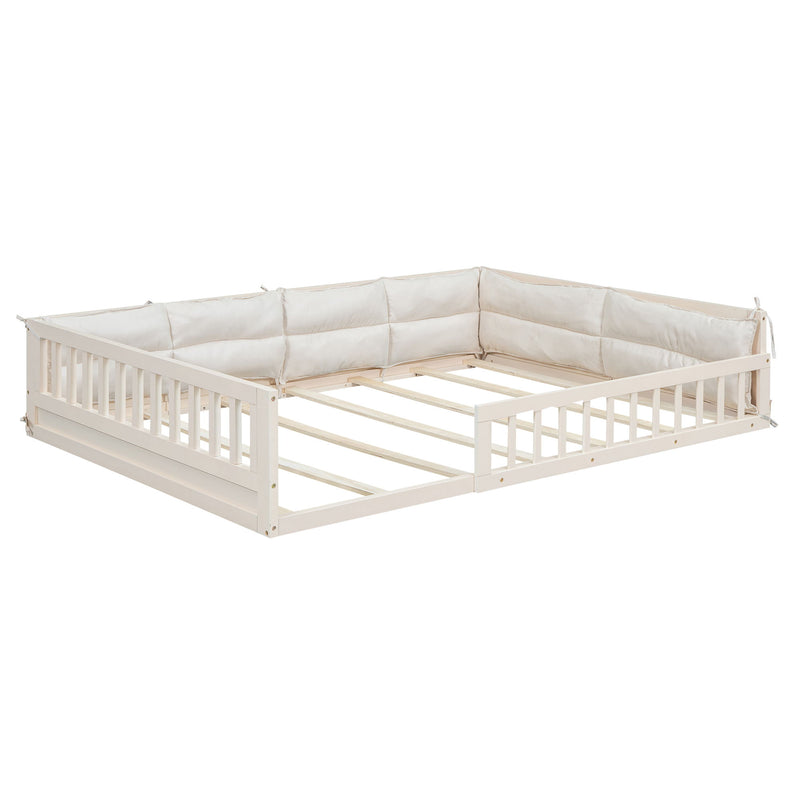 Wood Full Size Upholstered Platform Bed With Guardrail And Pillow - Beige