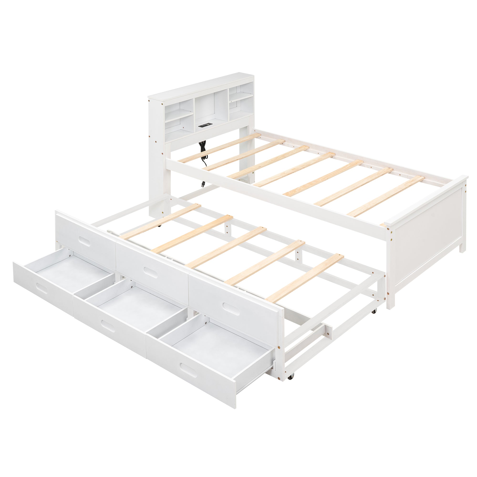 Twin Size Platform Bed with Storage Headboard, USB, Twin Size Trundle and 3 Drawers, White - Atlantic Fine Furniture Melbourne FL