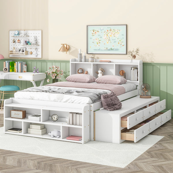 Full Bed with Bookcase Headboard, Under bed Storage Drawers and Bed End Storage Case,White