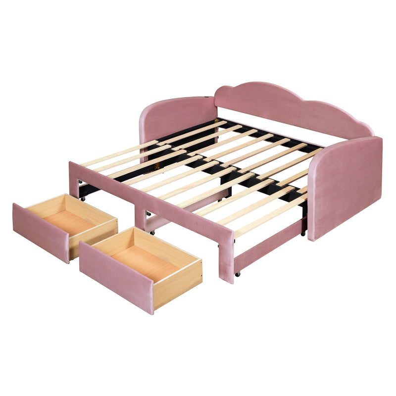 Upholstered Daybed With Cloud-Shaped Backrest, Trundle & 2 Drawers And USB Ports