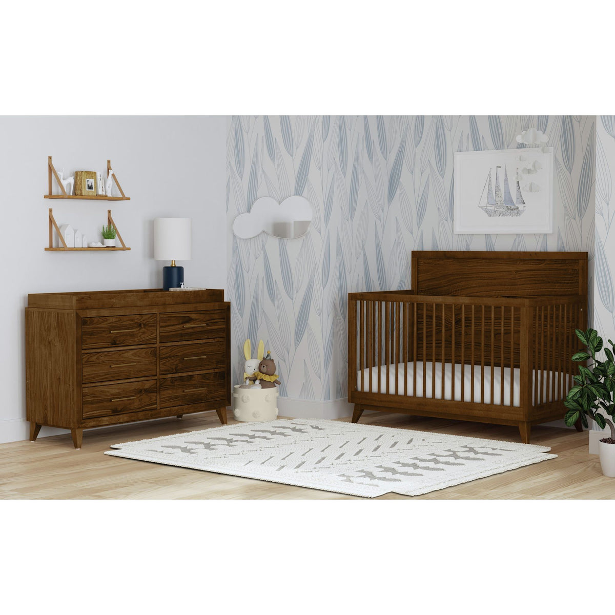 Malia Crib With High Headboard And Guardrail in Walnut by Elements International, view 9