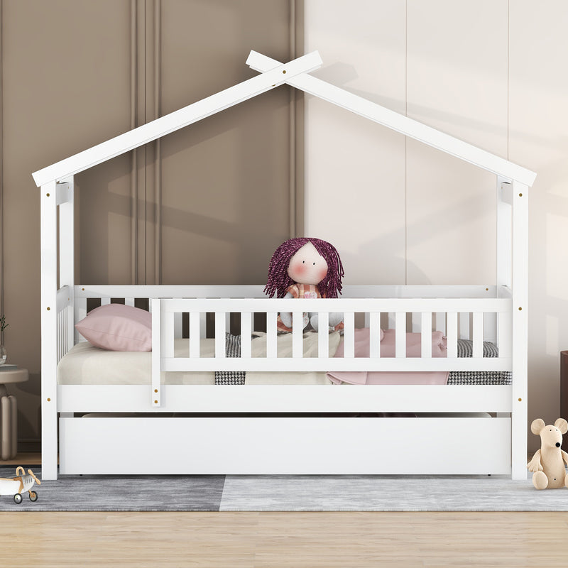 Twin Size Wooden House Bed with Twin Size Trundle, White