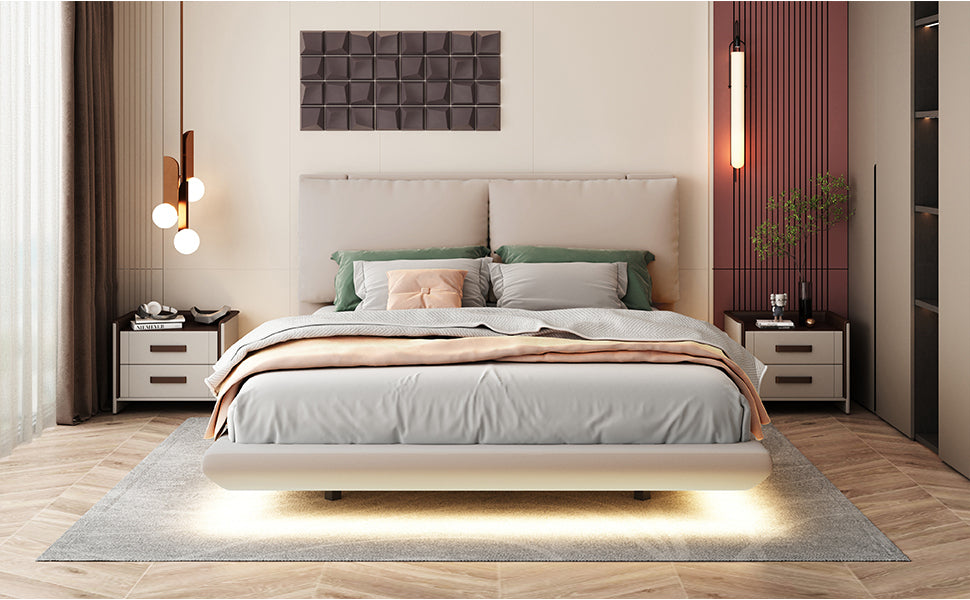 Queen Size Upholstered Platform Bed with Sensor Light and 2 Large Backrests, Stylish Platform Bed with 2 sets of USB Port and Socket on each rear Bed Leg, Beige - Atlantic Fine Furniture Melbourne FL