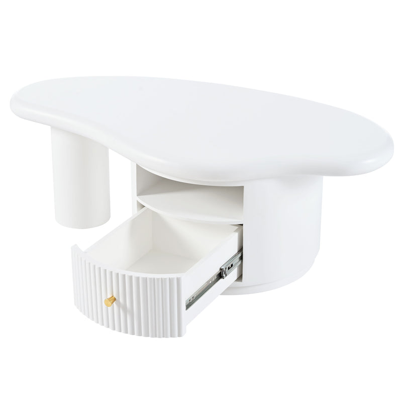 Cloud - Coffee Table, Irregular Shape Coffee Table With 1 Dreawer And Shelf For Living Room - White