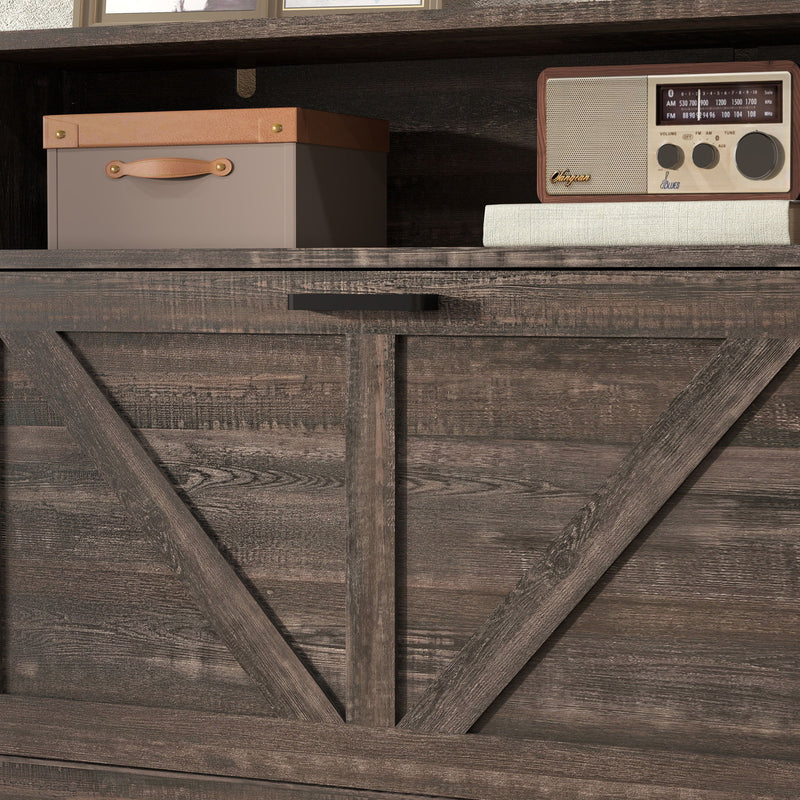 Farmhouse Shoe Storage Cabinet With Barn Door Design, 2 Flip Drawers, Hooks - Dark Oak