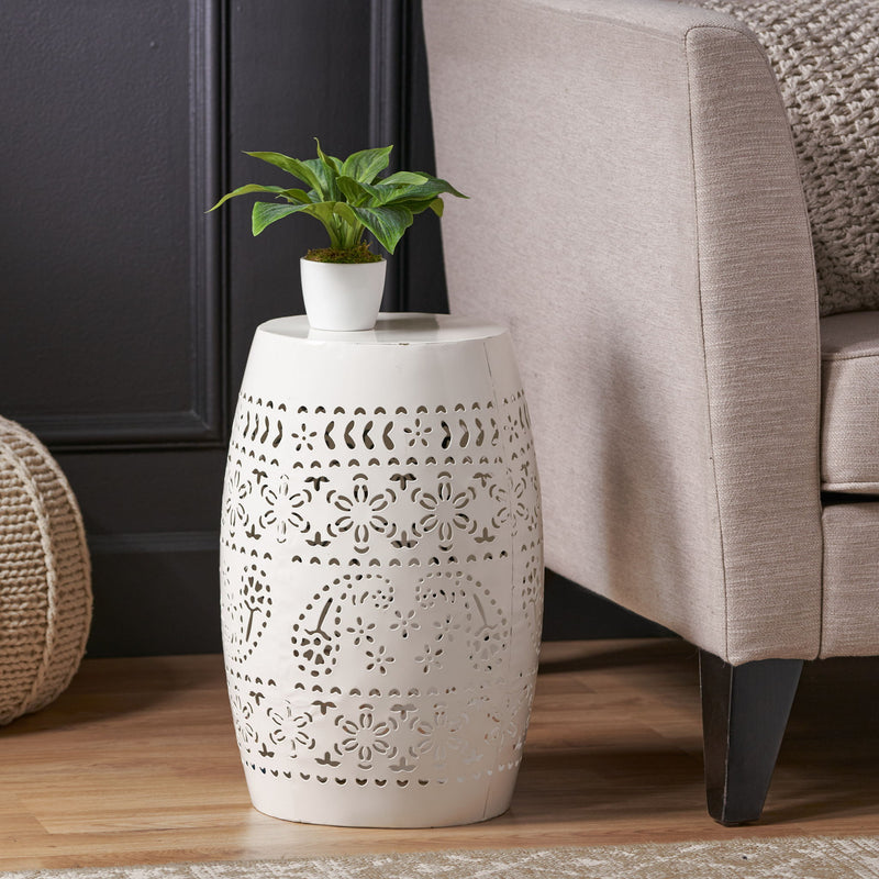 Transitional Ruby - Side Table With Lace Cut Design - White