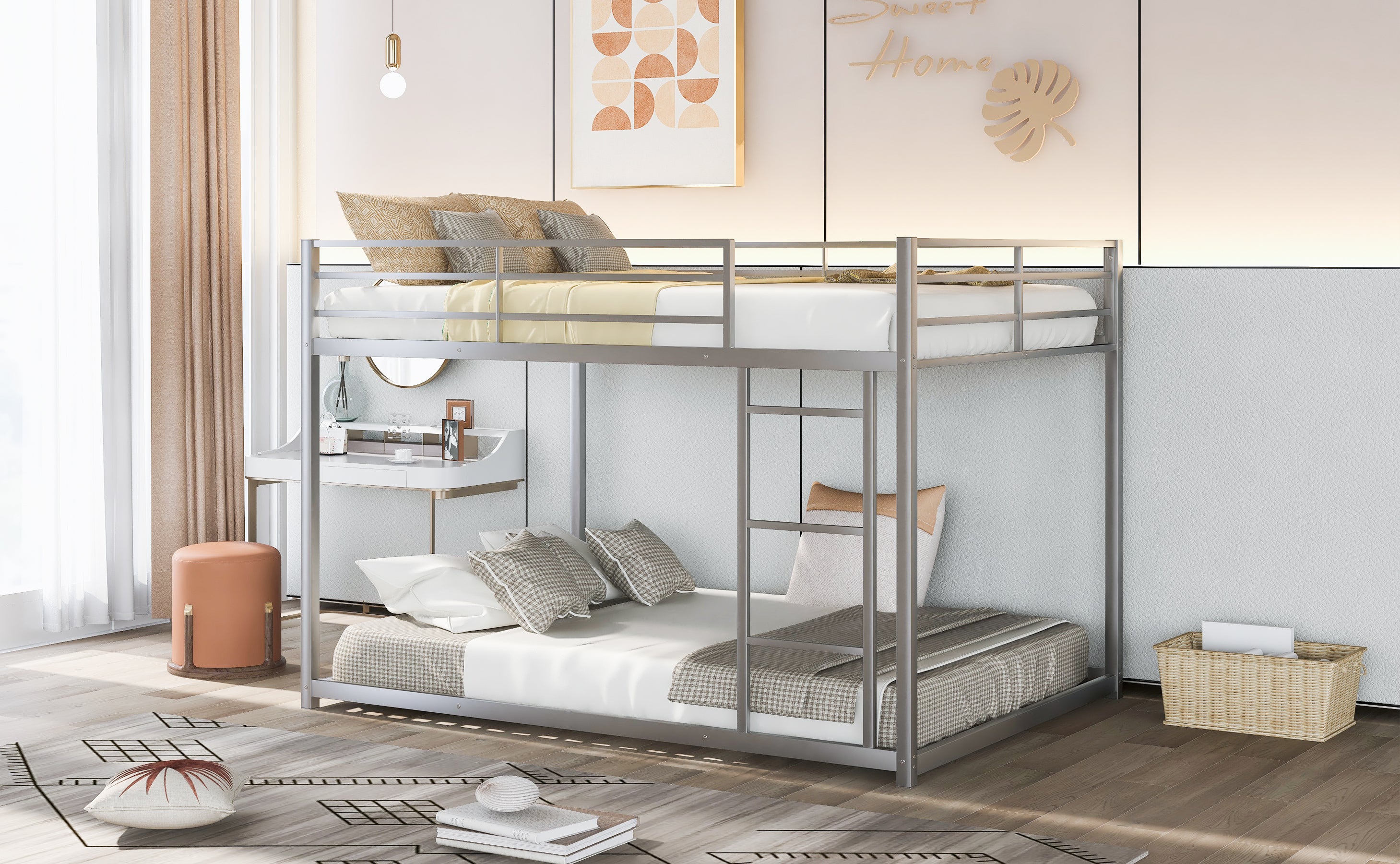 Full over Full Metal Bunk Bed, Low Bunk Bed with Ladder, Silver(Old SKU:MF197034AAN) - Atlantic Fine Furniture Melbourne FL
