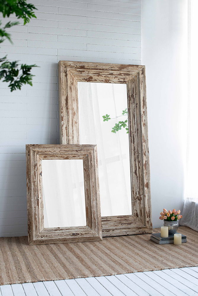 Rectangle Wall Accent Mirror With Distressed Wood Frame - Brown