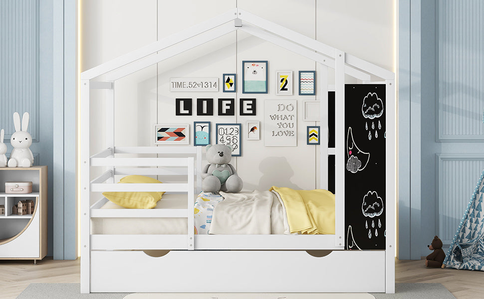 Full Size Wood House Bed with Fence and Writing Board, White - Atlantic Fine Furniture Melbourne FL