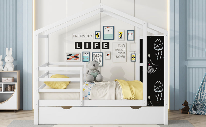 Full Size Wood House Bed with Fence and Writing Board, White