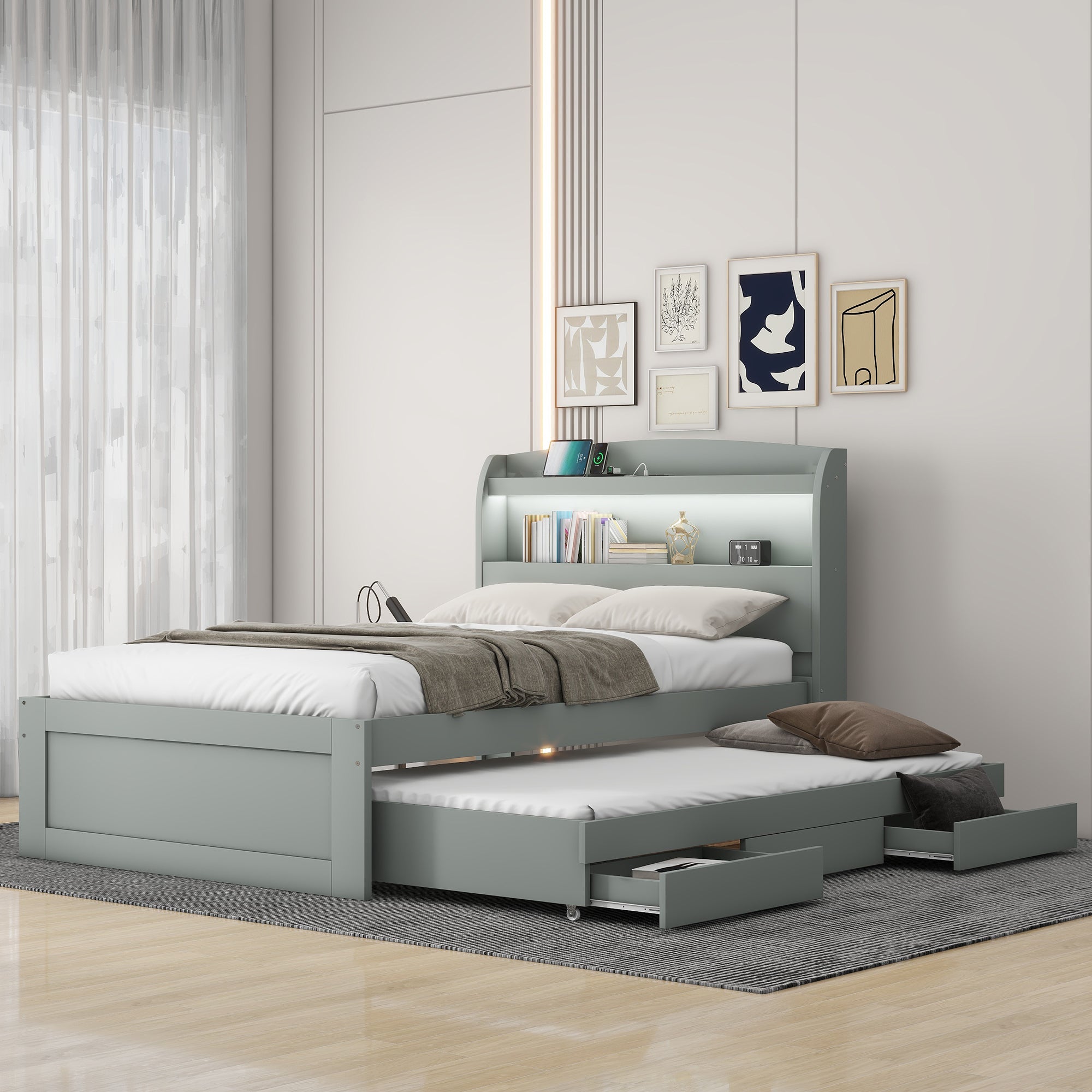 Twin XL Size Platform Bed with Storage LED Headboard, Charging Station, Twin Size Trundle and 2 Drawers, Gray - Atlantic Fine Furniture Melbourne FL
